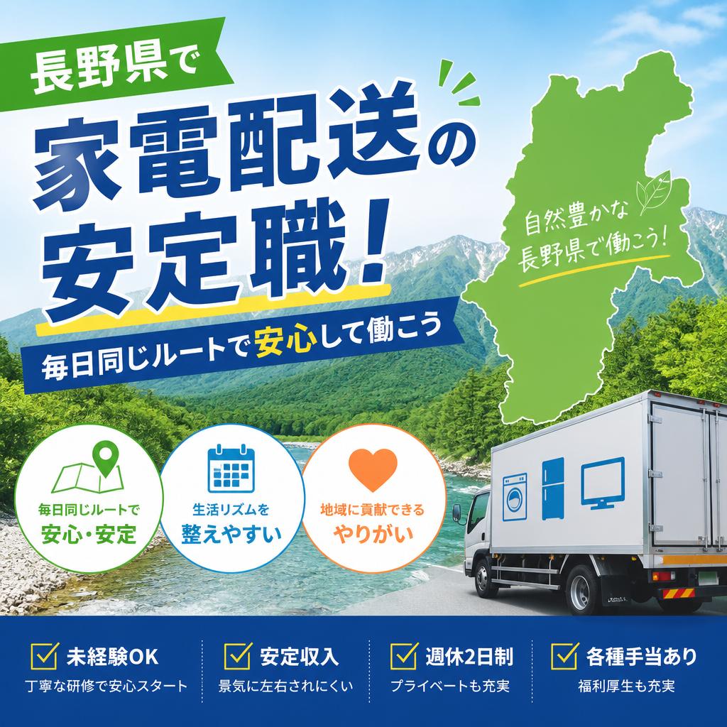 長野県で家電配送の安定職！毎日同じルートで安心して働こう