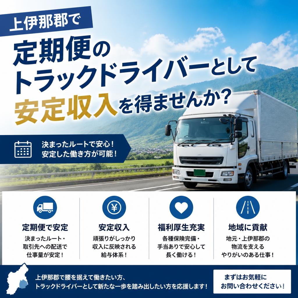 上伊那郡で定期便のトラックドライバーとして安定収入を得ませんか？