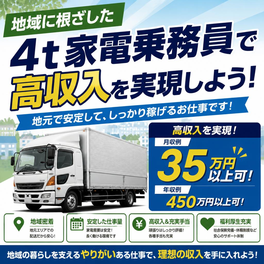 地域に根ざした4t家電乗務員で高収入を実現しよう！